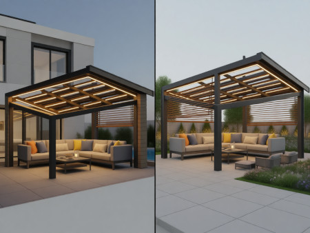 A stunning modern bioclimatic pergola as the centerpiece of a luxury outdoor living space