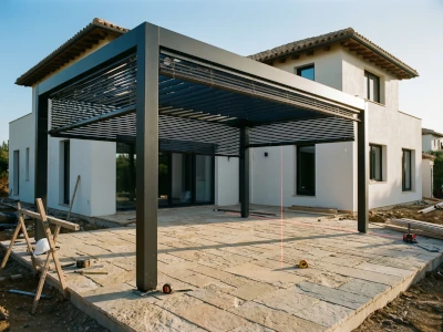Chantier de construction pergola bioclimatique