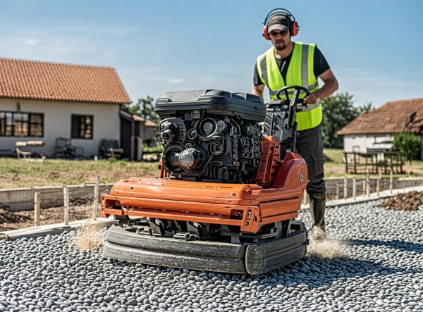 Ouvrier utilisant plaque vibrante pour compactage gravier chantier Fréjus
