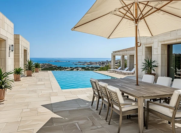 Terrasse en pierre calcaire de luxe installation finie avec mobilier jardin