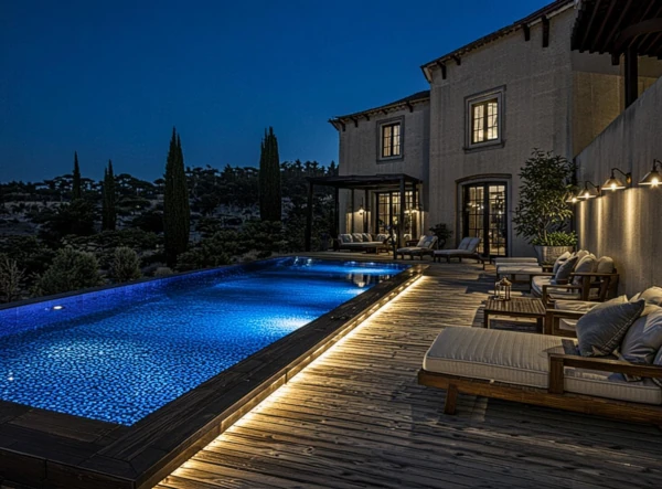 Ambiance lumière douce terrasse piscine Var soirée design Azur Bati 83