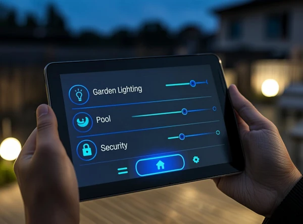Contrôle domotique éclairage jardin via tablette smartphone maison connectée Fréjus