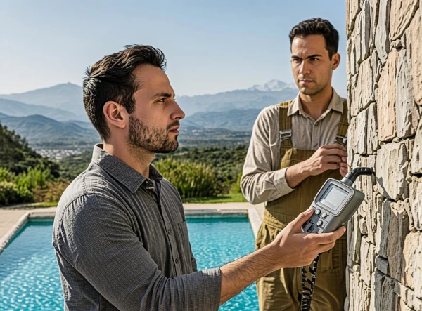 Technicien réalisant un diagnostic acoustique avec sonomètre sur une villa à Fréjus