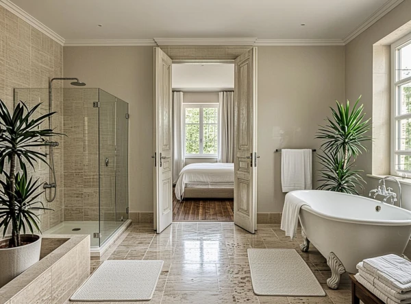 Salle de bain design carrelage pierre varois évitant parquet