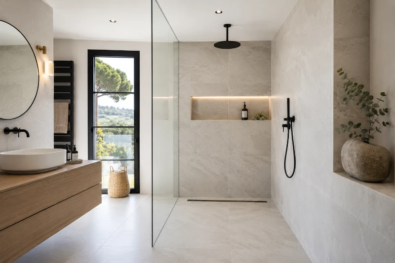 rénovation salle de bain avec douche italienne carrelage grand format Fréjus Var